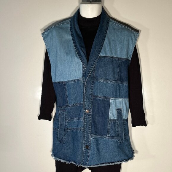 Sun + Stone Mens SZXXL Blue Jean Denim Patchwork Vest Street Style Western Retro - Picture 1 of 10